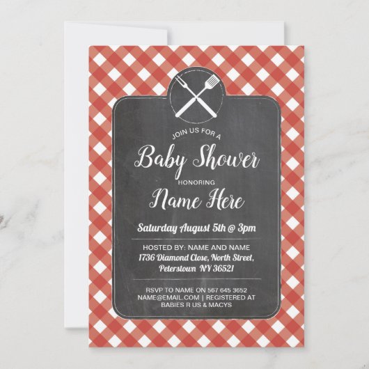 baby shower nodigt Red Gingham Chalk BBQ Style uit Kaart (Voorkant)