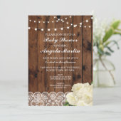 baby shower nodigt Rustic Party Lace Wood Roos uit Kaart (Staand voorkant)