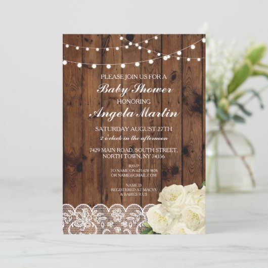 baby shower nodigt Rustic Party Lace Wood Roos uit Kaart (Staand voorkant)