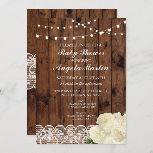 baby shower nodigt Rustic Party Lace Wood Roos uit Kaart (Voorkant / Achterkant)