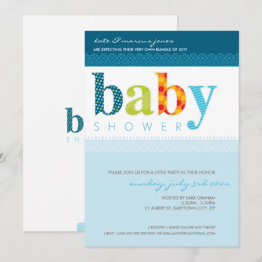 BABY SHOWER NODIGT UIT :: baby-letters 4P Kaart (Voorkant / Achterkant)