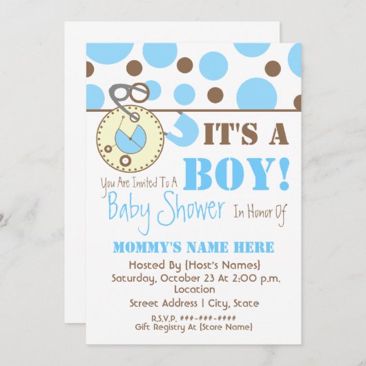 baby shower nodigt uit - Blauwe luierpop & pooldot Kaart (Voorkant / Achterkant)