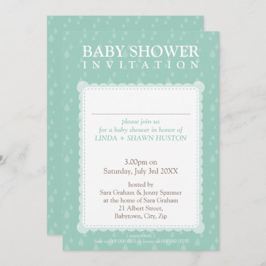 BABY SHOWER NODIGT UIT:: regendruppels 5P Kaart (Voorkant / Achterkant)