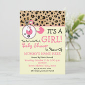 baby shower nodigt uit - Roze dunne pin & luipaard Kaart (Staand voorkant)