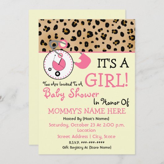 baby shower nodigt uit - Roze dunne pin & luipaard Kaart (Voorkant / Achterkant)
