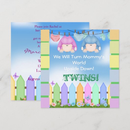 BABY SHOWER nodigt UNISEX TWINS uit! Kaart (Voorkant / Achterkant)