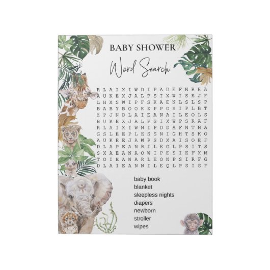 Baby shower Oerwoud Safari Animals Word Search Notitieblok (Linkerzijde)