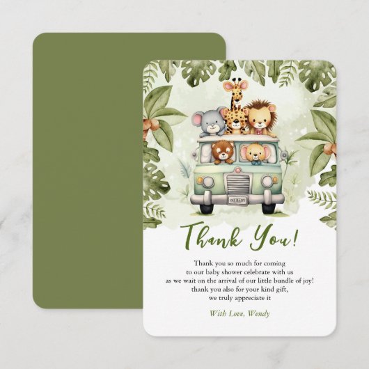 Baby shower Oerwoud Safari Dieren in Auto Bedankkaart (Voorkant / Achterkant)