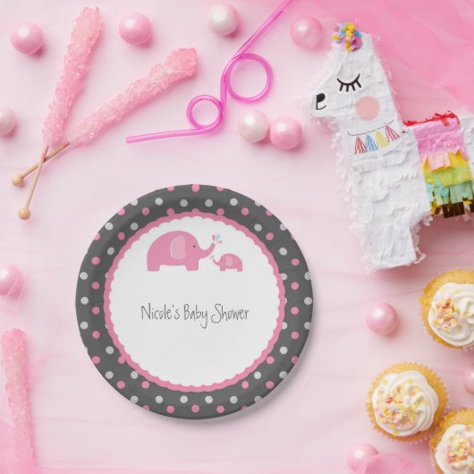 Baby shower Olephants Roze grijs en wit Papieren Bordje (Feest)