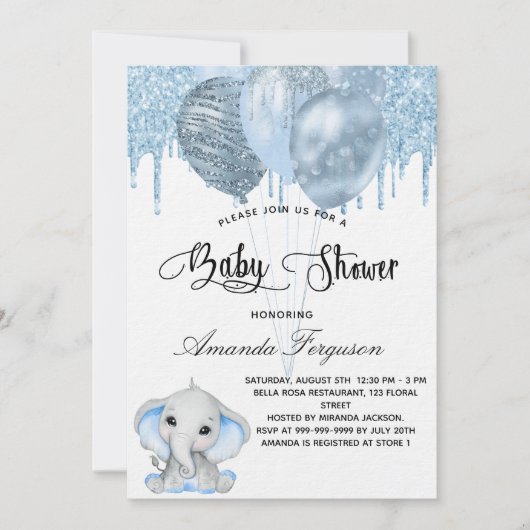 Baby shower olifant blauw ballon luxe kaart (Voorkant)