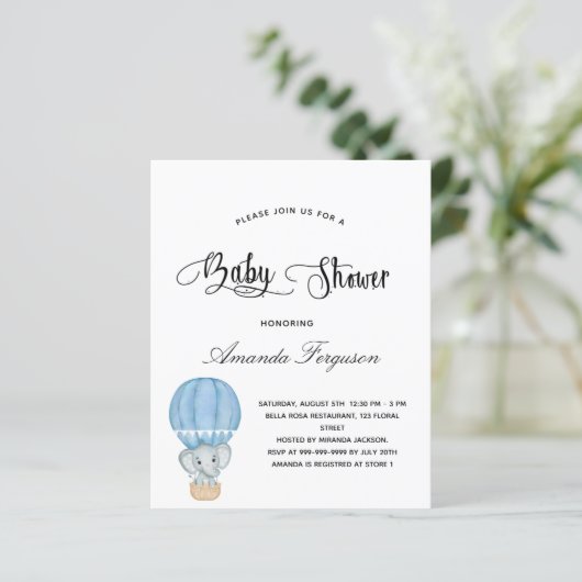 Baby shower olifant blauw wit (Staand voorkant)