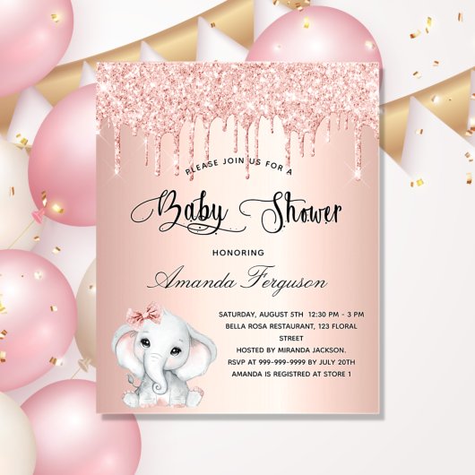 Baby shower olifant blos roos meisje uitnodiging