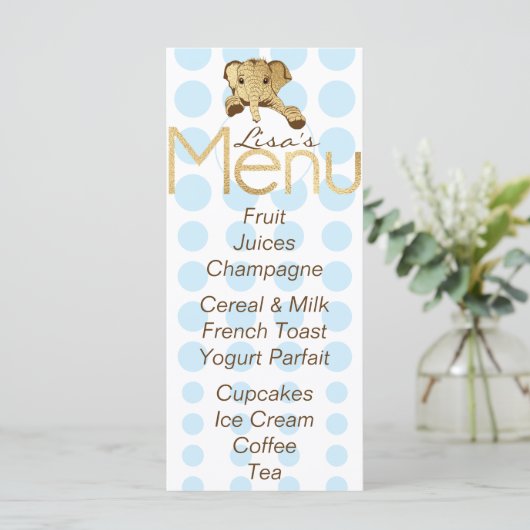 Baby shower Olifant Goud Blauw Menu (Staand voorkant)