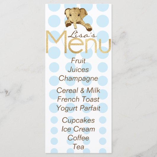 Baby shower Olifant Goud Blauw Menu (Voorkant)