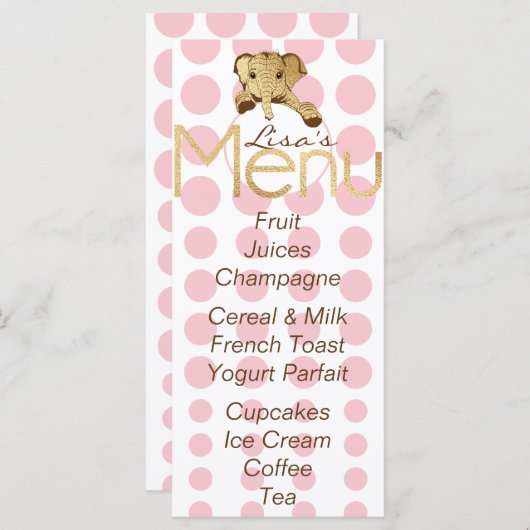 Baby shower olifant goud roze menu (Voorkant / Achterkant)
