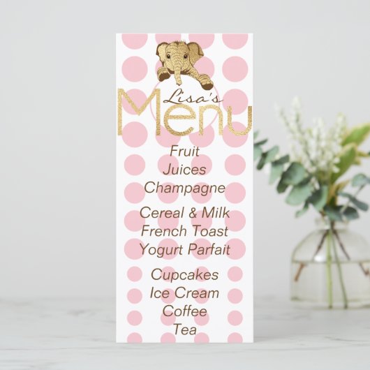 Baby shower olifant goud roze menu (Staand voorkant)