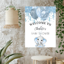 Baby shower olifant jongen blauw witte ballonnen perfect poster