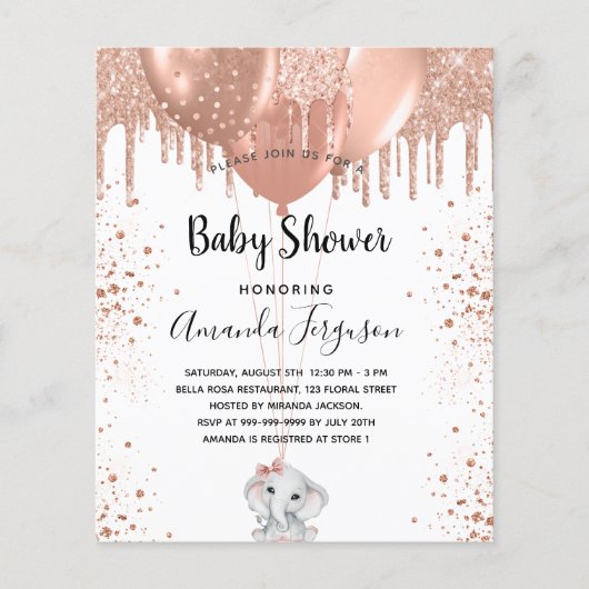 Baby shower olifant meisje roos begrotingsuitnodig flyer (Voorkant)