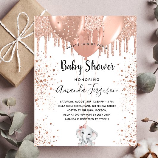 Baby shower olifant meisje roos begrotingsuitnodig flyer