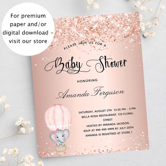 Baby shower olifant meisje roos begrotingsuitnodig flyer