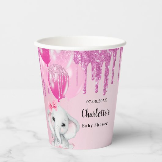 Baby shower olifant meisje roze glitterdruppels papieren bekers (Voorkant)