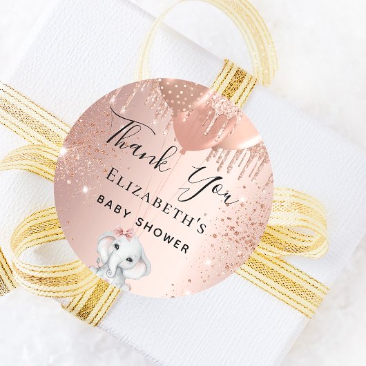 Baby shower olifant roos goudglitter bedankt ronde sticker