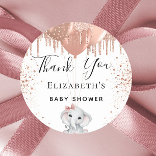 Baby shower olifant roos goudglitter bedankt ronde sticker