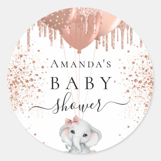 Baby shower olifant roos goudglitter ronde sticker (Voorkant)