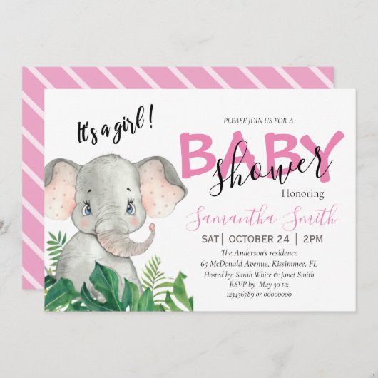 Baby shower Olifant roze Aankondiging (Voorkant / Achterkant)