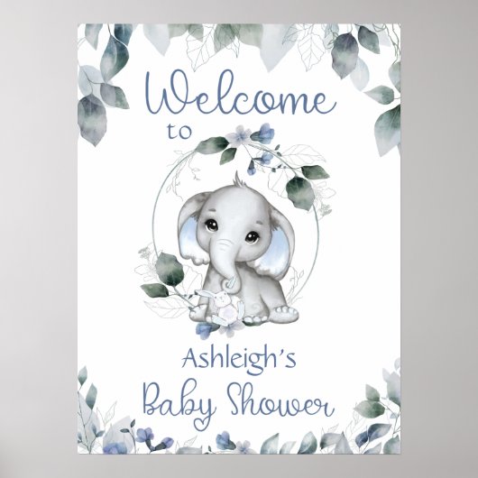Baby shower Olifant Welkomstbord Blauw Poster (Voorkant)
