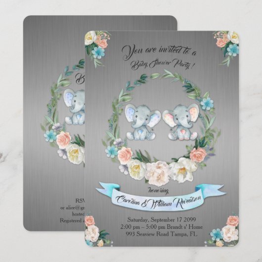 Baby shower olifant, zilvermetaal, schattig kaart (Voorkant / Achterkant)
