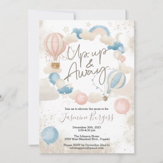 Baby shower omhoog, omhoog en weg - heteluchtballo kaart (Voorkant)