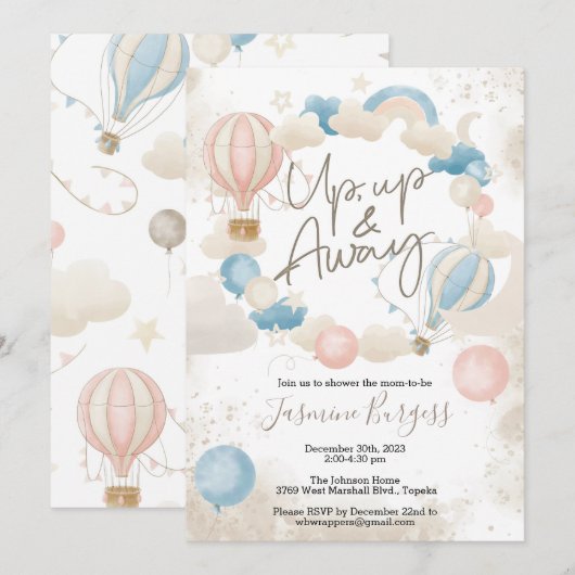 Baby shower omhoog, omhoog en weg - heteluchtballo kaart (Voorkant / Achterkant)