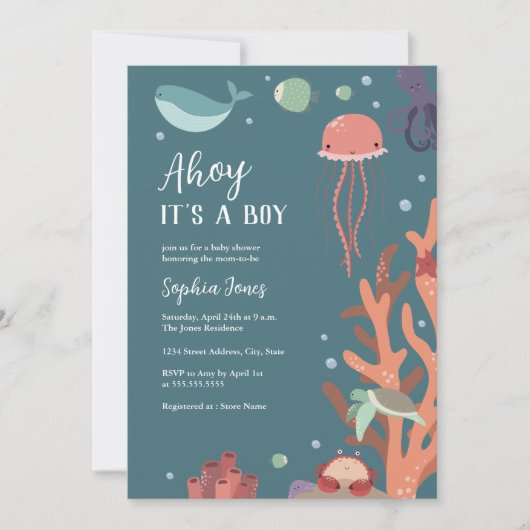 Baby shower Onder het Zee Ahoy Het is een jongen Kaart (Voorkant)