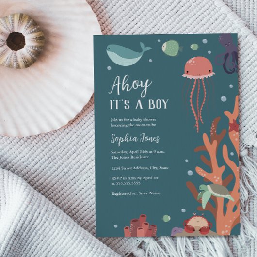 Baby shower Onder het Zee Ahoy Het is een jongen Kaart