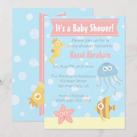 Baby shower onderwaterthema Kawaii Invite Kaart (Voorkant / Achterkant)