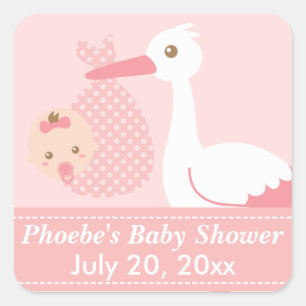 Baby Shower - Ooievaar Bezorgt Mooie Baby Meisje Vierkante Sticker