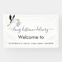 Baby shower ooievaar Blauwe jongen rijden door