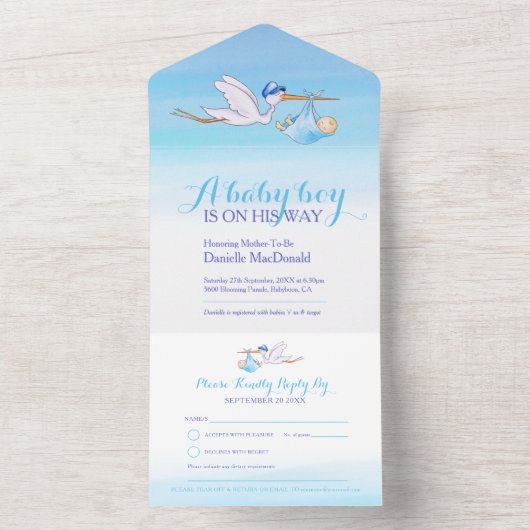 Baby shower ooievaar levering waterverf blauw all in one uitnodiging (Binnen)