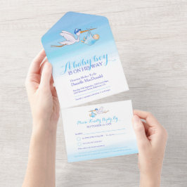 Baby shower ooievaar levering waterverf blauw all in one uitnodiging