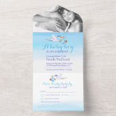 Baby shower ooievaar levering waterverf blauw foto all in one uitnodiging (Binnen)