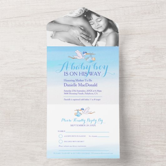 Baby shower ooievaar levering waterverf blauw foto all in one uitnodiging (Binnen)