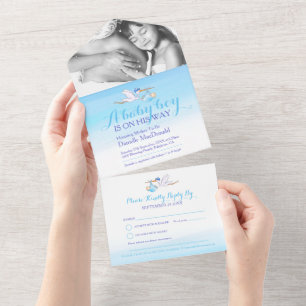 Baby shower ooievaar levering waterverf blauw foto all in one uitnodiging