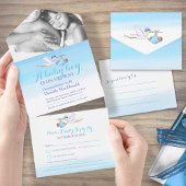 Baby shower ooievaar levering waterverf blauw foto all in one uitnodiging