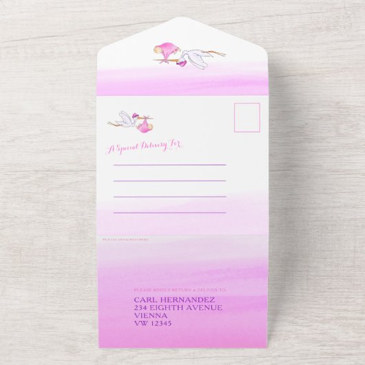 Baby shower ooievaar levering waterverf meisje roz all in one uitnodiging (Buitenkant)