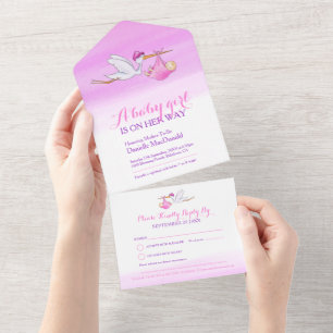 Baby shower ooievaar levering waterverf meisje roz all in one uitnodiging