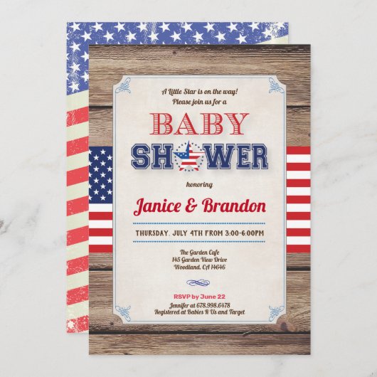 Baby shower op de dag van onafhankelijkheid op 4 j kaart (Voorkant / Achterkant)