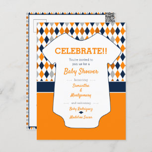 Baby shower Oranje en Navy Blue Argyle Briefkaart