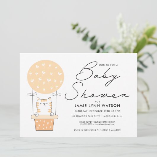 BABY SHOWER | Oranje Kat-ballonvaarding Kaart (Staand voorkant)