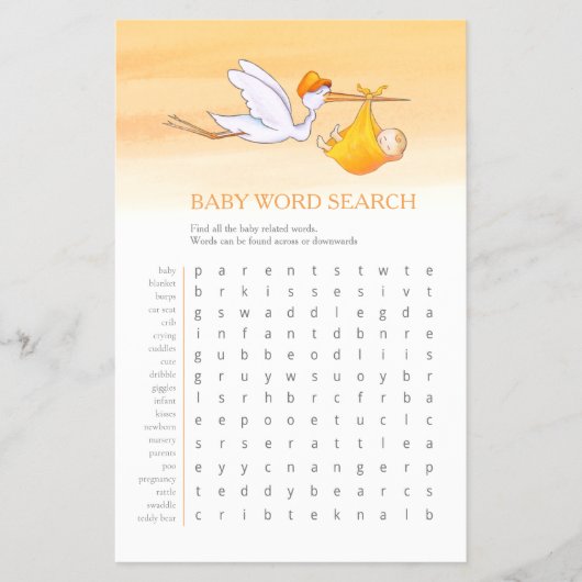 Baby shower oranje woord zoeken baby match spel flyer (Voorkant)